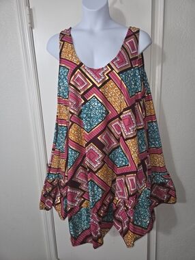 Sleeveless Africam Geometric Print Flowy Shifr Dress- Pink/Teal/Gold